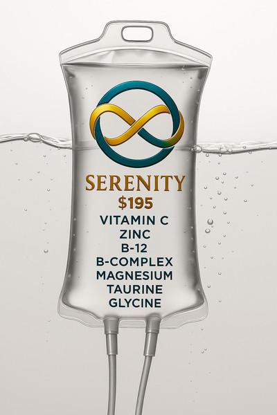 Serenity IV therapy bag from Equivalence Wellness featuring vitamin C, zinc, B-12, B-complex, magnesium, taurine, and glycine — designed for relaxation and stress relief with concierge IV therapy in Denver and the Front Range.