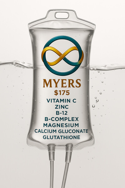 Myers IV drip bag from Equivalence Wellness featuring vitamin C, B-12, B-Complex, magnesium, calcium gluconate, and glutathione — mobile IV therapy in Denver and the Front Range for energy, hydration, and recovery.