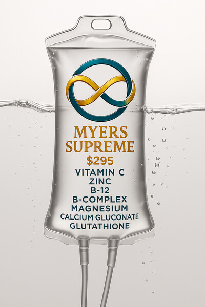 Myers Supreme IV drip from Equivalence Wellness featuring vitamin C, zinc, B-12, B-complex, magnesium, calcium gluconate, and glutathione — premium mobile IV therapy in Denver and the Front Range for complete energy, immune, and hydration support.