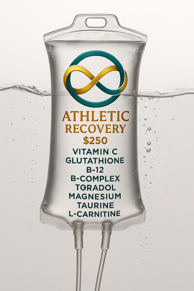 Athletic Recovery IV infusion from Equivalence Wellness including vitamin C, glutathione, B-12, B-complex, Toradol, magnesium, taurine, and L-carnitine — IV therapy in Denver and the Front Range for muscle recovery and performance enhancement.
