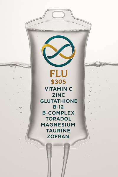 Flu IV drip bag from Equivalence Wellness with vitamin C, zinc, glutathione, B-12, B-complex, Toradol, magnesium, and taurine — immune-boosting mobile IV therapy in Denver and the Front Range.