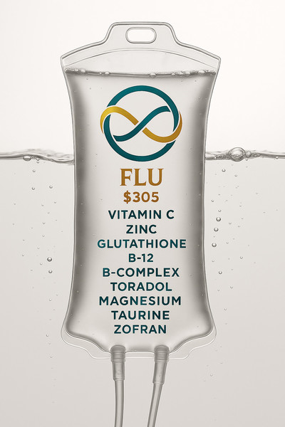 Flu IV drip bag from Equivalence Wellness with vitamin C, zinc, glutathione, B-12, B-complex, Toradol, magnesium, and taurine — immune-boosting mobile IV therapy in Denver and the Front Range.