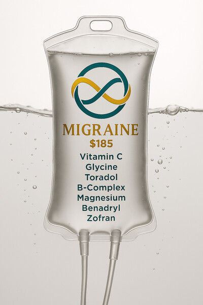 Migraine IV drip from Equivalence Wellness with vitamin C, glycine, Toradol, B-complex, magnesium, Benadryl, and Zofran — mobile IV therapy in Denver and the Front Range for headache and pain relief.