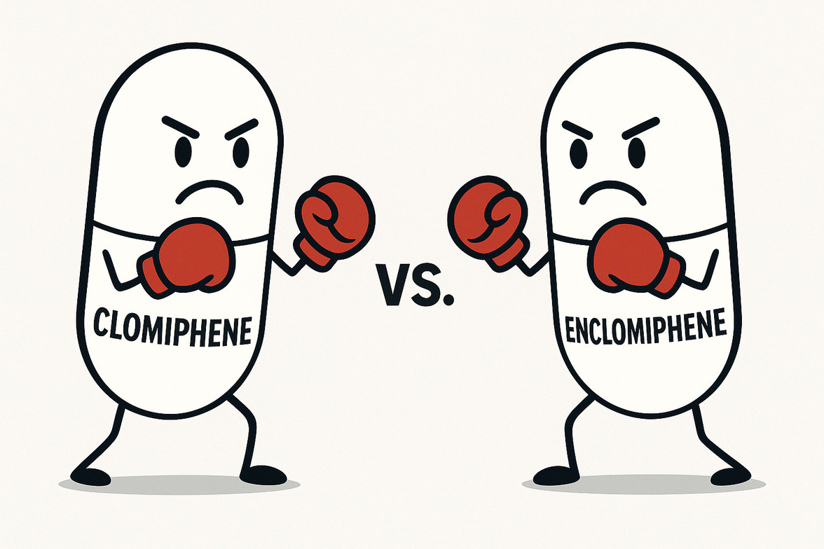 Illustration of two anthropomorphic pills labeled Clomiphene and Enclomiphene wearing boxing gloves and facing off with 'VS' between them, symbolizing the comparison between the two medications for natural testosterone and fertility optimization.