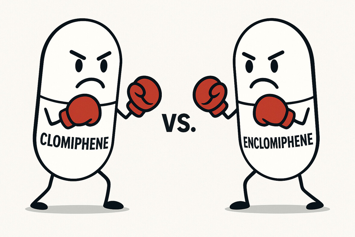 Illustration of two anthropomorphic pills labeled Clomiphene and Enclomiphene wearing boxing gloves and facing off with 'VS' between them, symbolizing the comparison between the two medications for natural testosterone and fertility optimization.