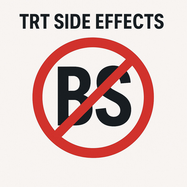 Illustration with a red circle and slash over the letters BS symbolizing No BS Testosterone Replacement Therapy and the text TRT Side Effects.