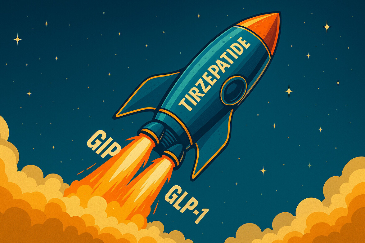 A retro-style rocket labeled “Tirzepatide” blasts upward through the sky with two fiery thrusters labeled GIP and GLP-1, symbolizing the dual-agonist power of tirzepatide and its metabolism-boosting effects.