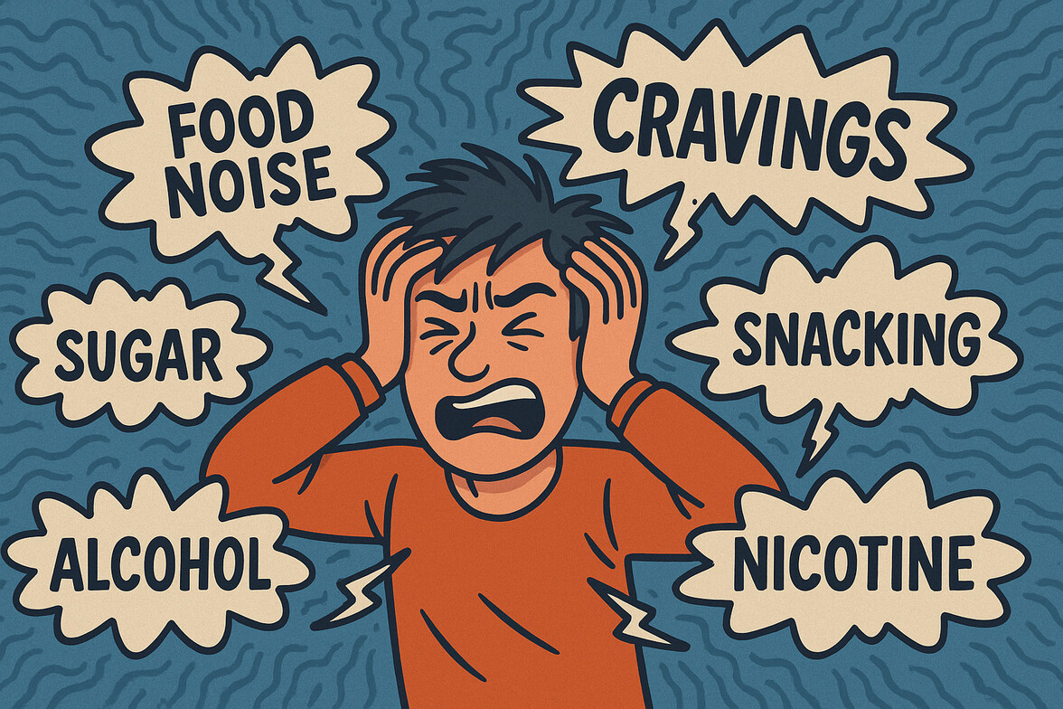 Cartoon-style illustration of a stressed man holding his head while surrounded by chaotic speech bubbles labeled “Food Noise,” “Cravings,” “Sugar,” “Snacking,” “Alcohol,” and “Nicotine,” representing overwhelming hunger signals and addictive impulses.